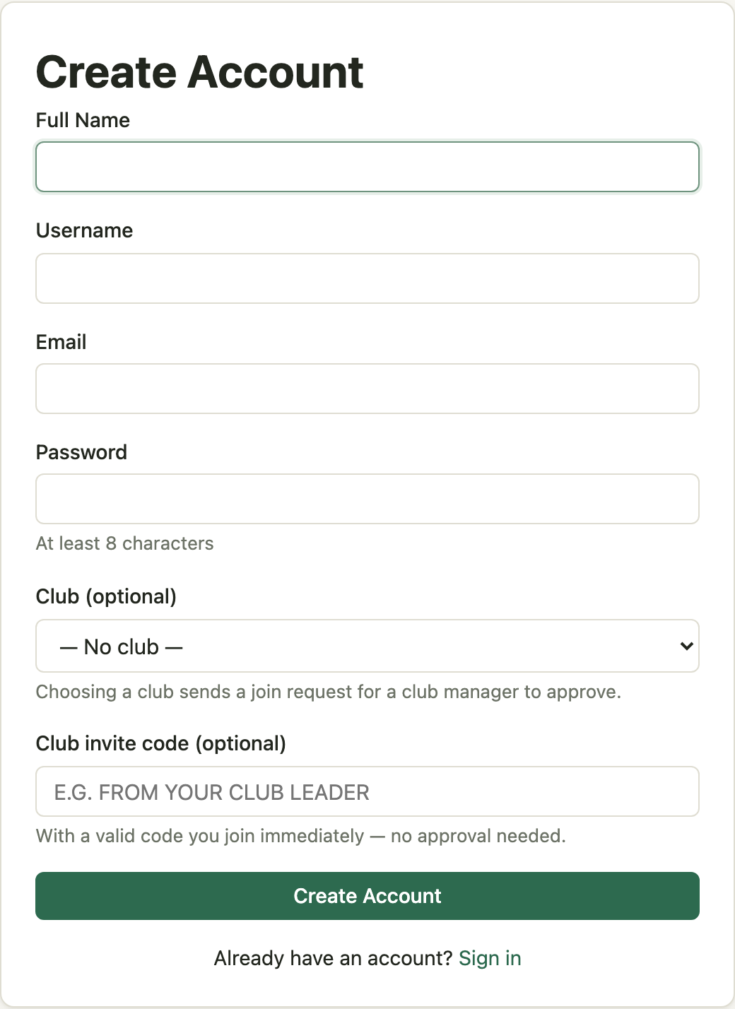 The registration form